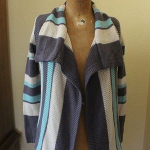 Turquoise, Grey and Cream Striped Knit Cardigan
